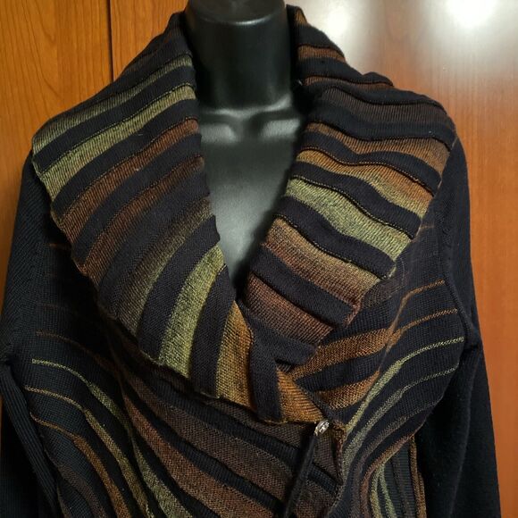 Angel Design By Sabri Ozel Sweater Cardigan Black Colorful Knit Wool Blend Sz L - Picture 2 of 7